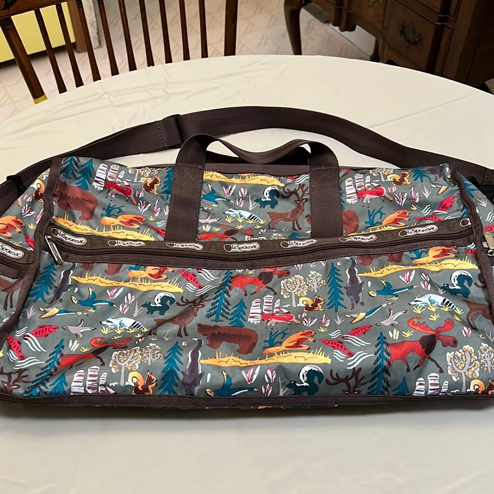 LeSportsac deluxe large weekender bag woodland bears deer foxes fish moose